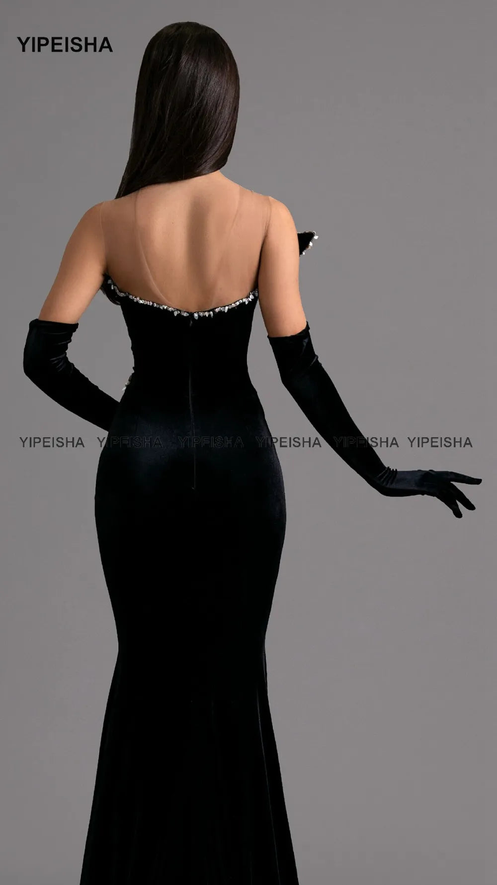 Black Velvet Mermaid Gown with Crystal Embellishments