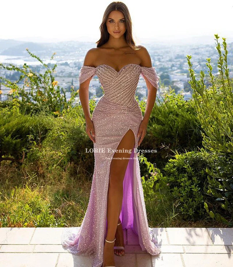 Elegant unique evening dress with shimmering fabric and draped design