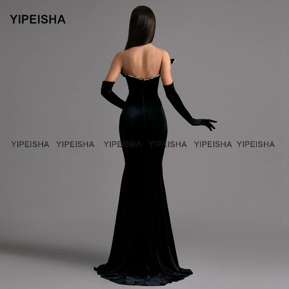 Black Velvet Mermaid Gown with Crystal Embellishments