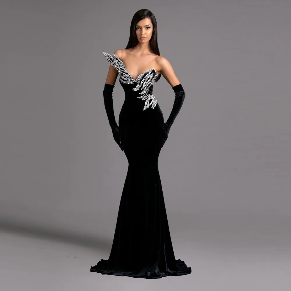 Black Velvet Mermaid Gown with Crystal Embellishments
