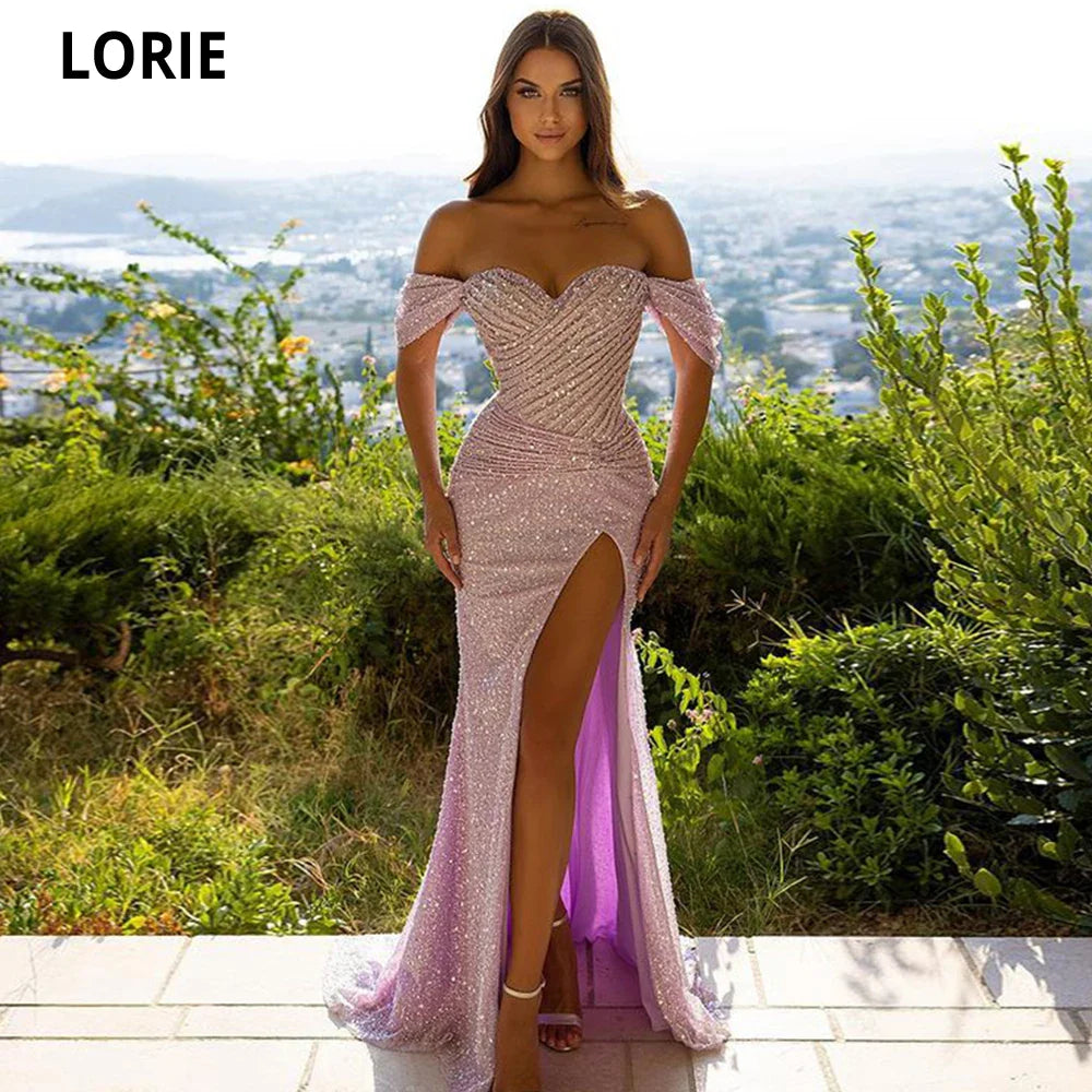Elegant unique evening dress with shimmering fabric and draped design