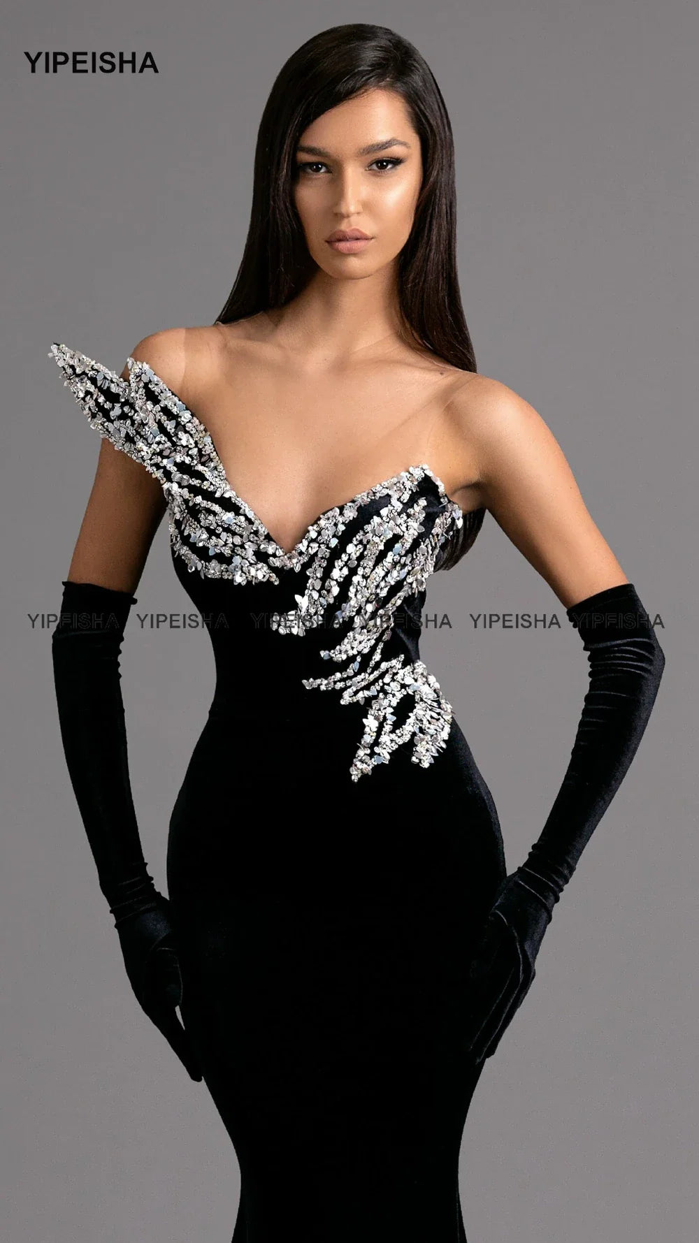 Black Velvet Mermaid Gown with Crystal Embellishments