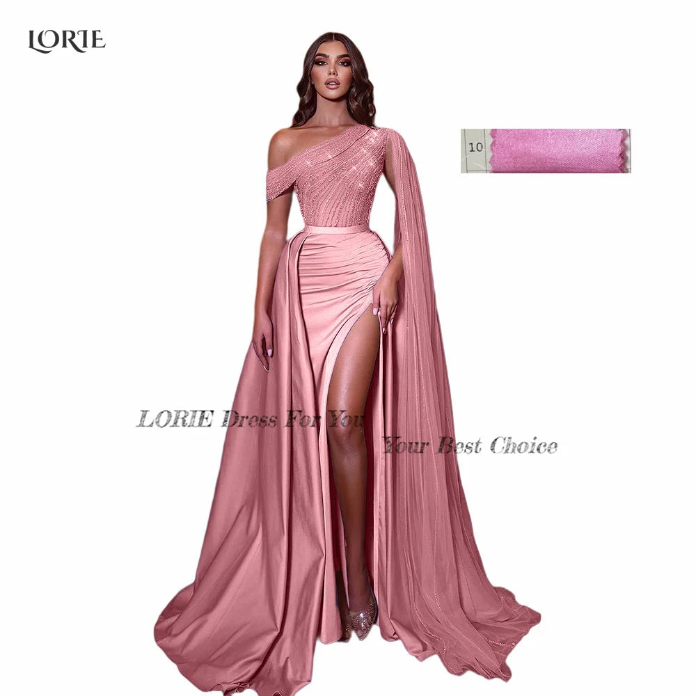 Unique Pink evening gown with a one-shoulder draped design and high