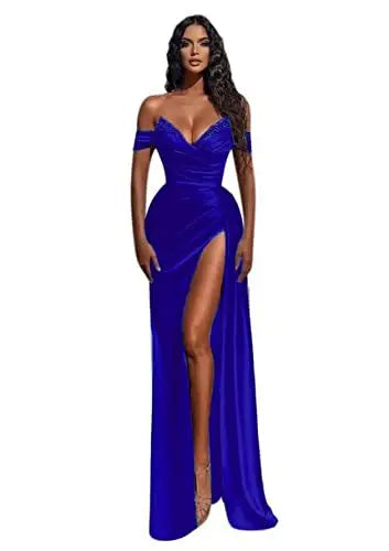 Blue satin gown with an off-shoulder design, embellished neckline, and thigh-high slit, perfect for evening events and formal occasions