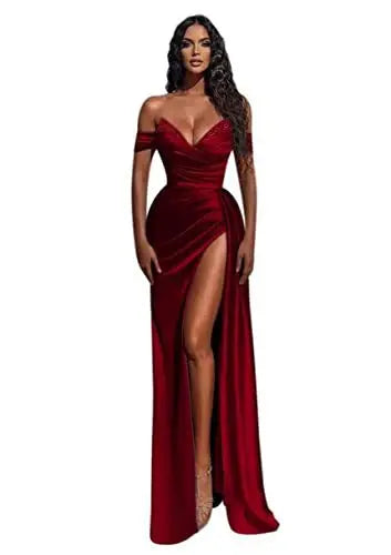 Blue satin gown with an off-shoulder design, embellished neckline, and thigh-high slit, perfect for evening events and formal occasions