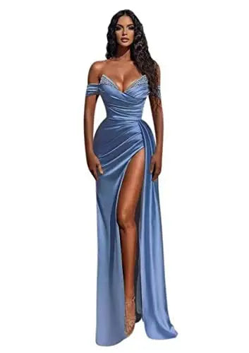 Blue satin gown with an off-shoulder design, embellished neckline, and thigh-high slit, perfect for evening events and formal occasions