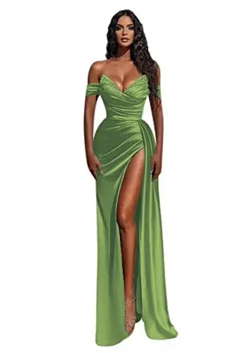 Blue satin gown with an off-shoulder design, embellished neckline, and thigh-high slit, perfect for evening events and formal occasions