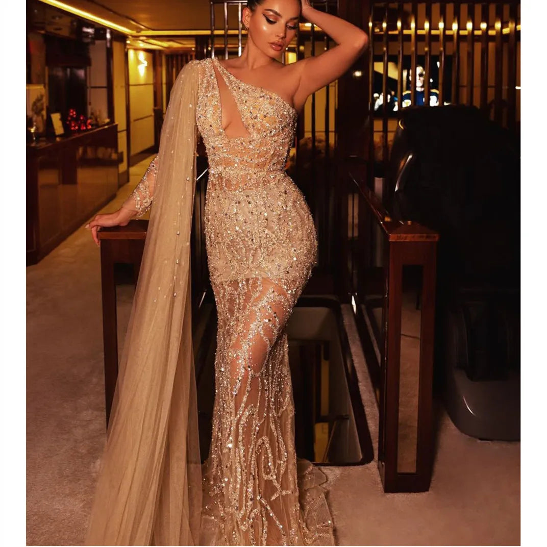 Sparkly Evening Dresses - One Long Sleeve V Neck