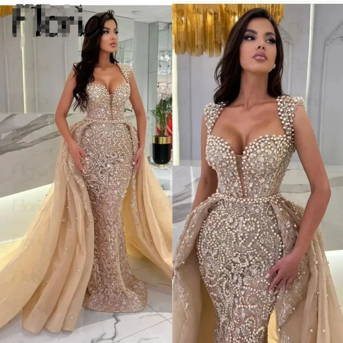 Luxury Gold Beaded Evening Gown with Detachable Train