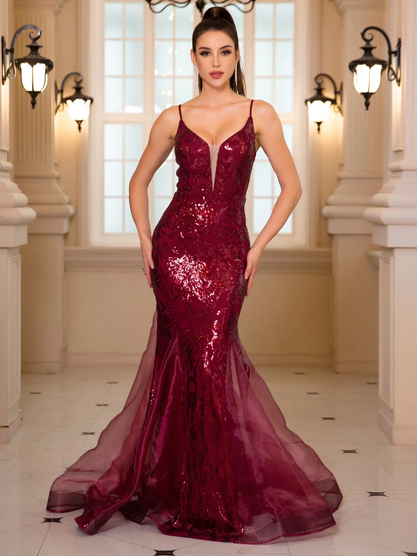 Elegant Red Mermaid Evening Gown with Plunging Neckline and Sheer Train