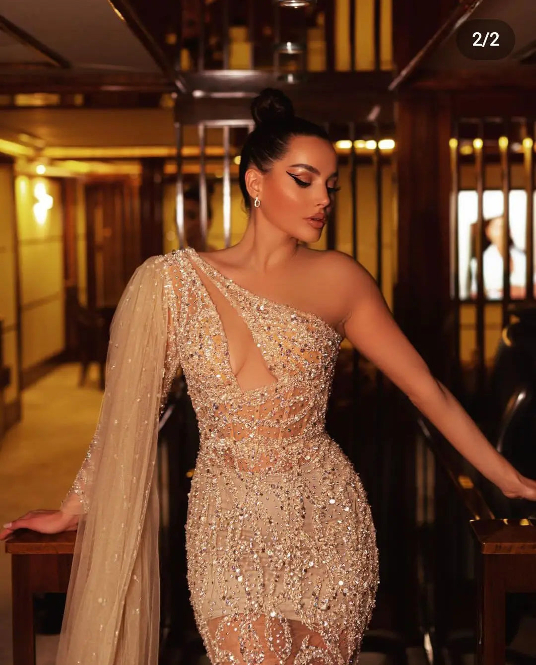 Sparkly Evening Dresses - One Long Sleeve V Neck