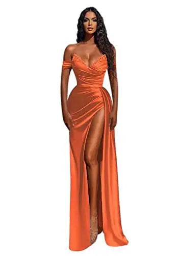 Blue satin gown with an off-shoulder design, embellished neckline, and thigh-high slit, perfect for evening events and formal occasions