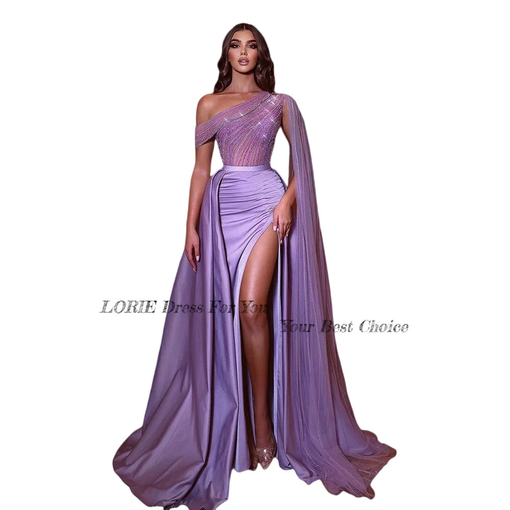 Unique Lavander evening gown with a one-shoulder draped design and high