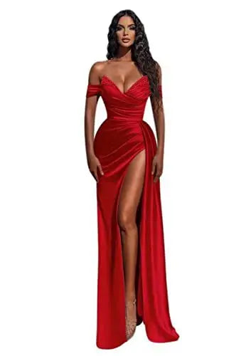 Blue satin gown with an off-shoulder design, embellished neckline, and thigh-high slit, perfect for evening events and formal occasions