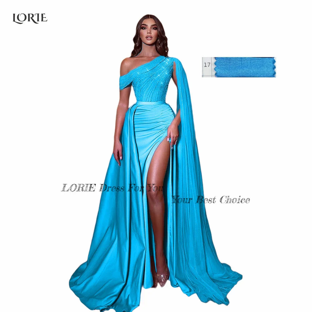Unique Blue evening gown with a one-shoulder draped design and high