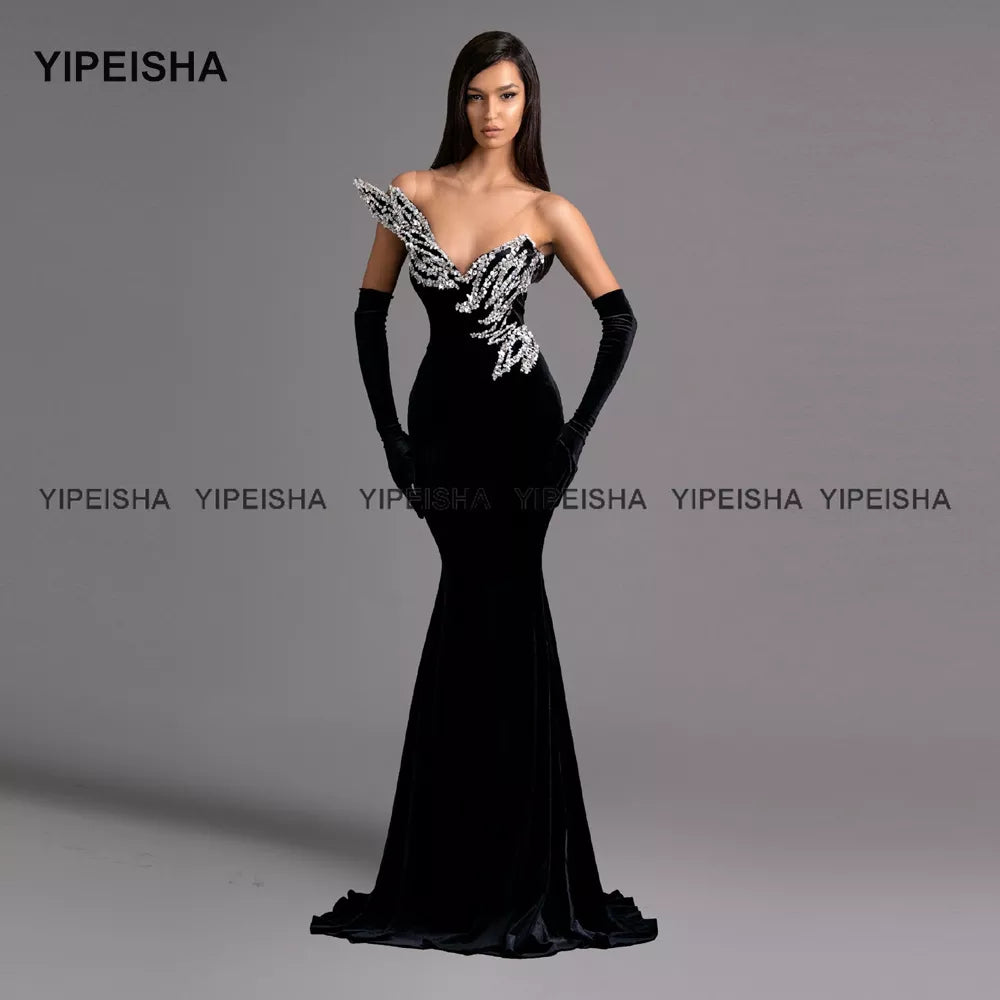 Black Velvet Mermaid Gown with Crystal Embellishments