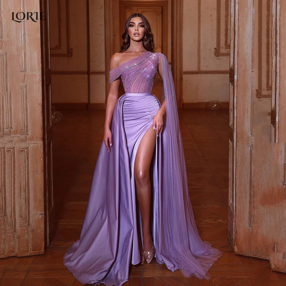 Unique Lavander evening gown with a one-shoulder draped design and high