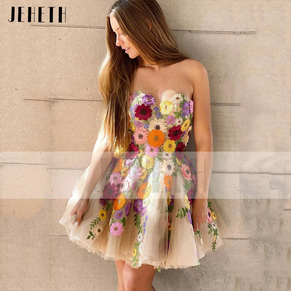 JEHETH Champagne Strapless Tulle Mini Prom Dress