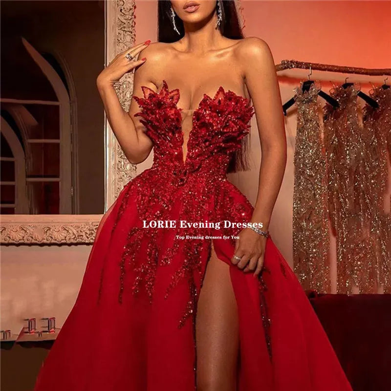 Red Elegant Split Tulle Ball Gown - Handmade Prom Dress for Formal Evening Parties