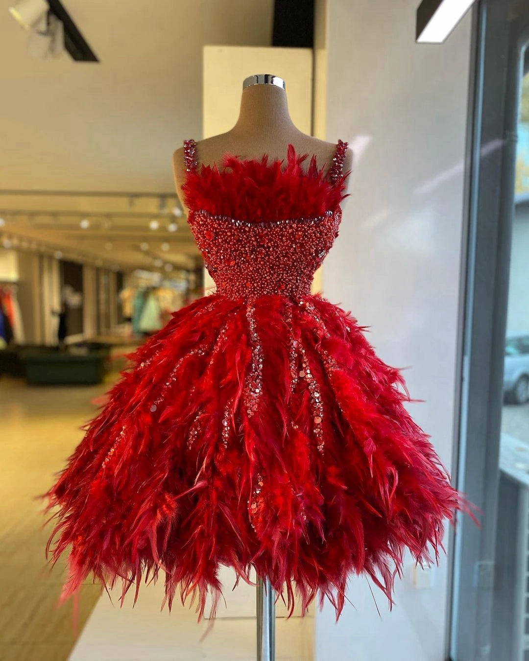 Stunning Red Feather Prom Dress - Mini Ball Gown with Straps, Crystals & Beads