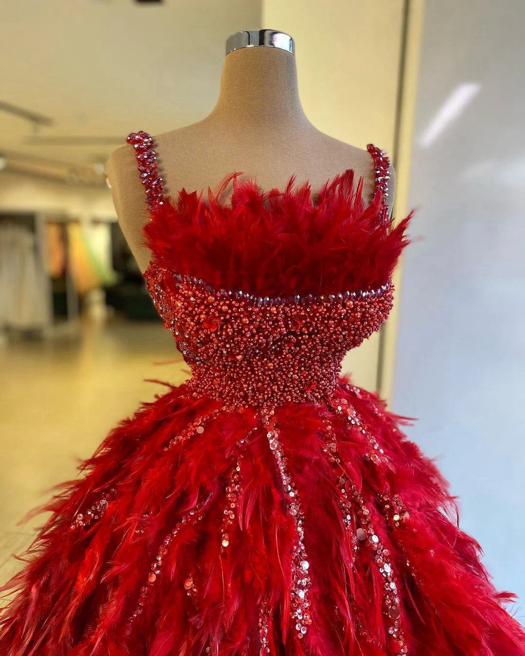 Stunning Red Feather Prom Dress - Mini Ball Gown with Straps, Crystals & Beads