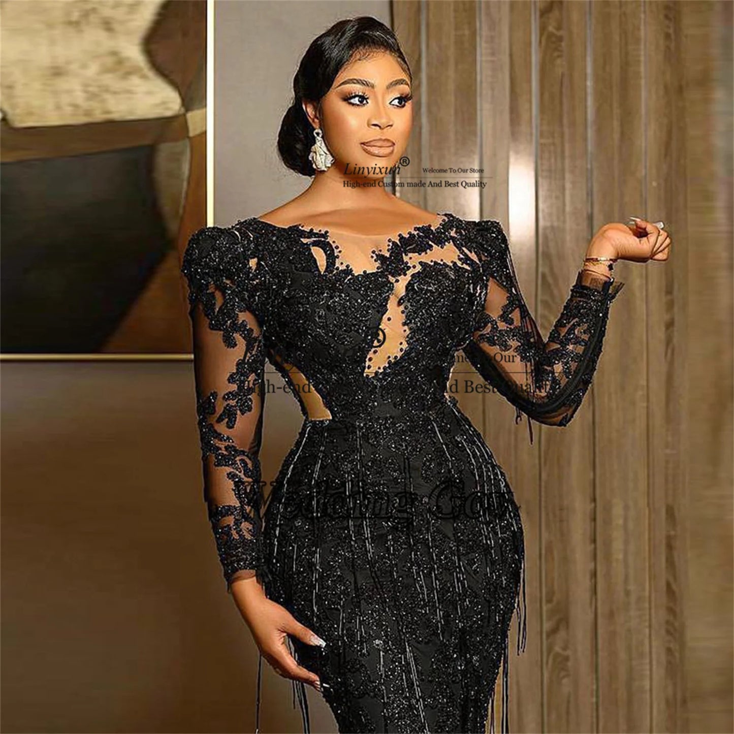 Black Sequin Mermaid Prom Dress with Long Sleeves - Plus Size Evening Gown