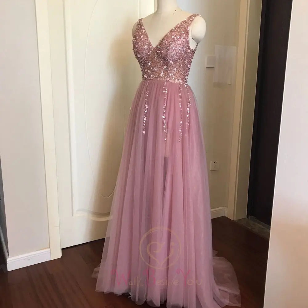 Plus Size Beaded Pink Prom Dress - Tulle, High Split, Sleeveless, A-line, Lace Up, Backless