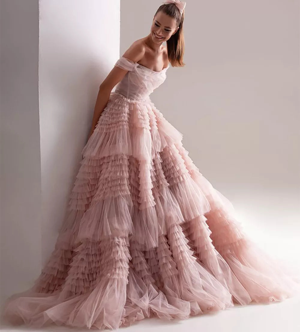 Customizable Dusty Pink Prom Dress with Sweetheart Neckline and Ruffled Tulle Skirt - Off Shoulder A-Line Party Gown