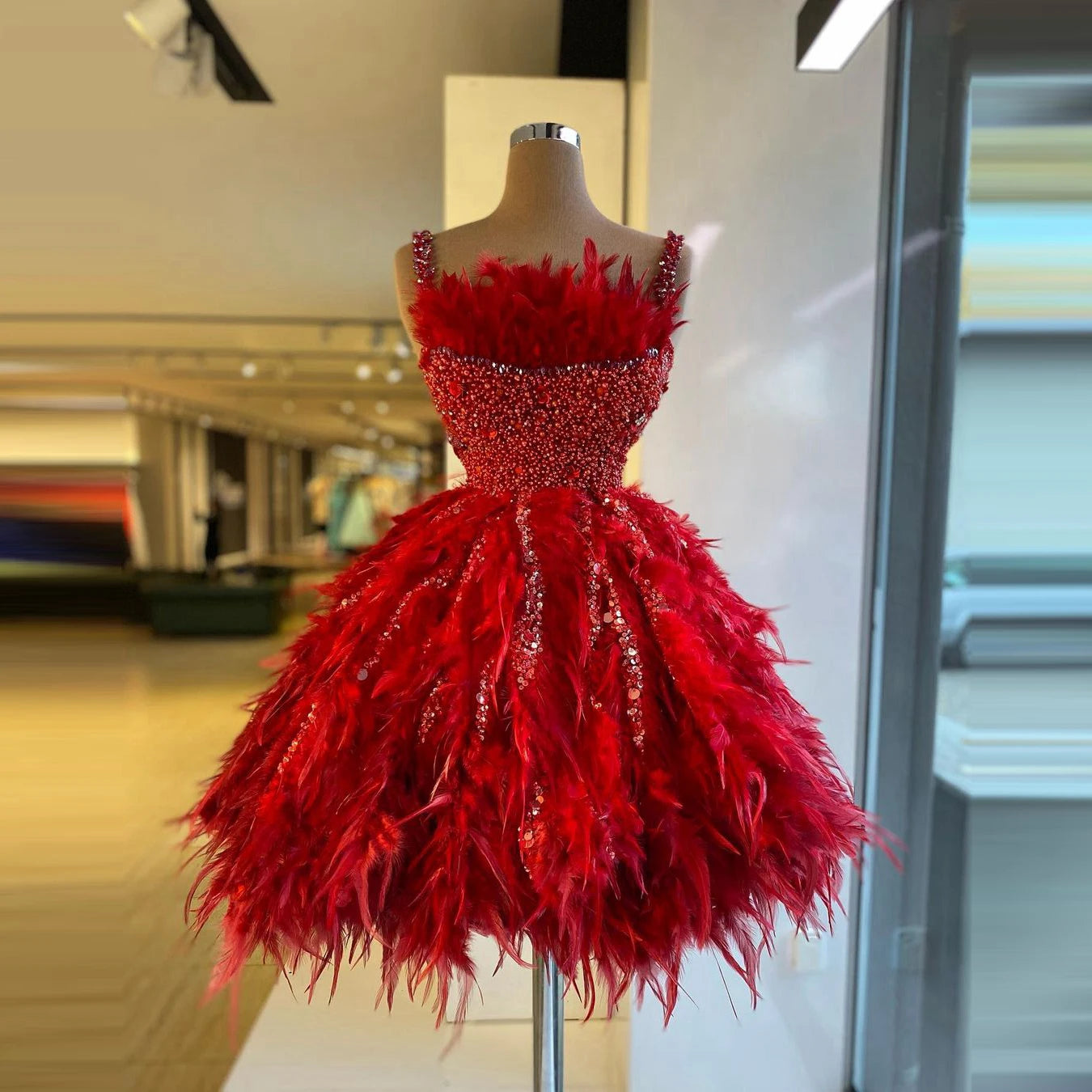 Stunning Red Feather Prom Dress - Mini Ball Gown with Straps, Crystals & Beads