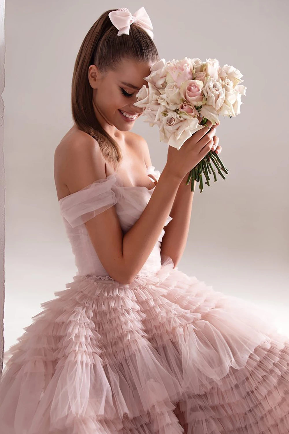 Customizable Dusty Pink Prom Dress with Sweetheart Neckline and Ruffled Tulle Skirt - Off Shoulder A-Line Party Gown