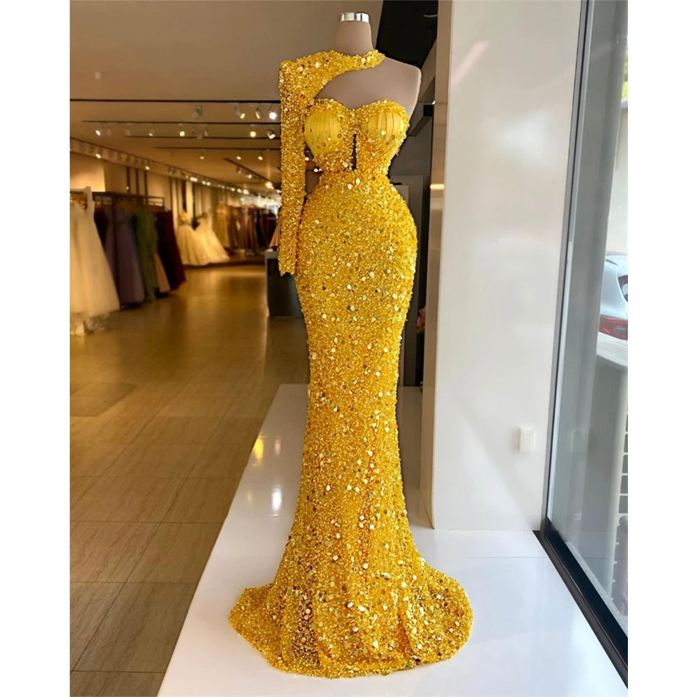 Custom-Made Yellow Mermaid Evening Dress - Sequin Beaded One Shoulder Halter - Backless Prom Gown - Vestidos de Novia