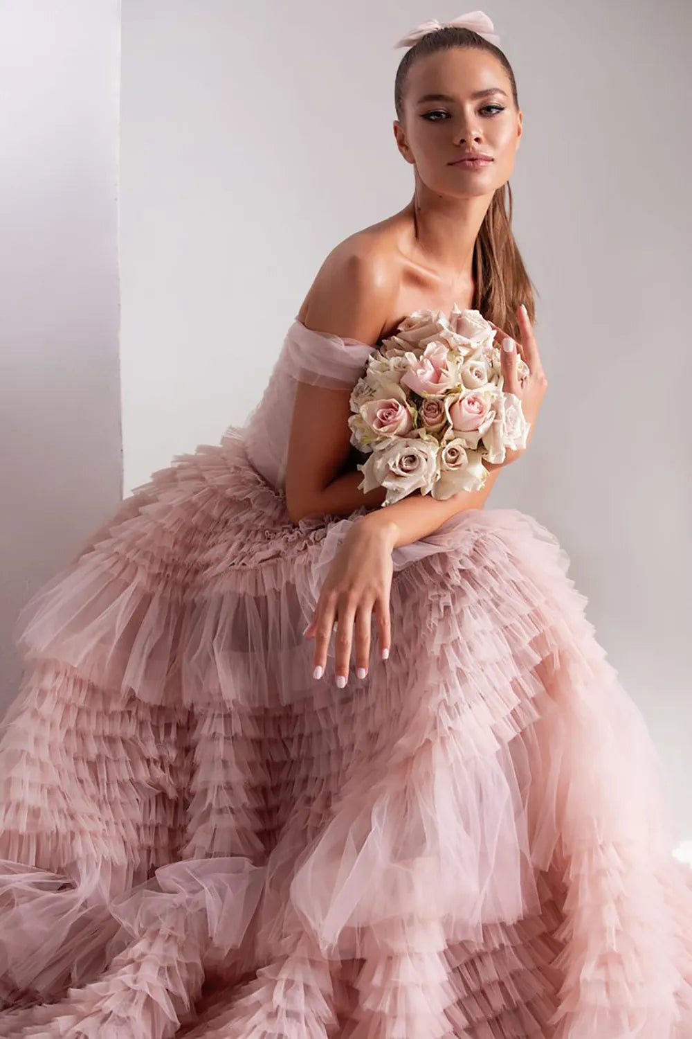 Customizable Dusty Pink Prom Dress with Sweetheart Neckline and Ruffled Tulle Skirt - Off Shoulder A-Line Party Gown