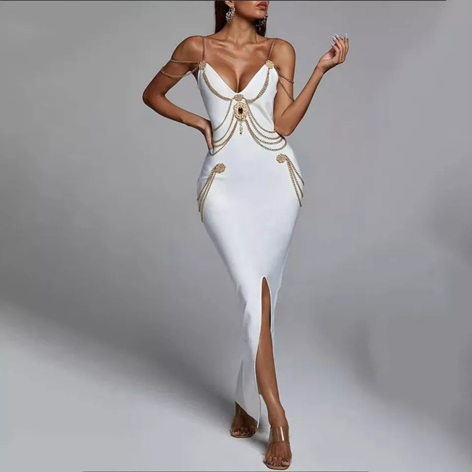 Black White Chain V-Neck Bandage Dress - High Quality, Celebrity Style