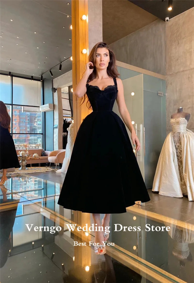 Verngo Black Velour Evening Dress - Plus Size Tea Length Prom Gown - Customizable