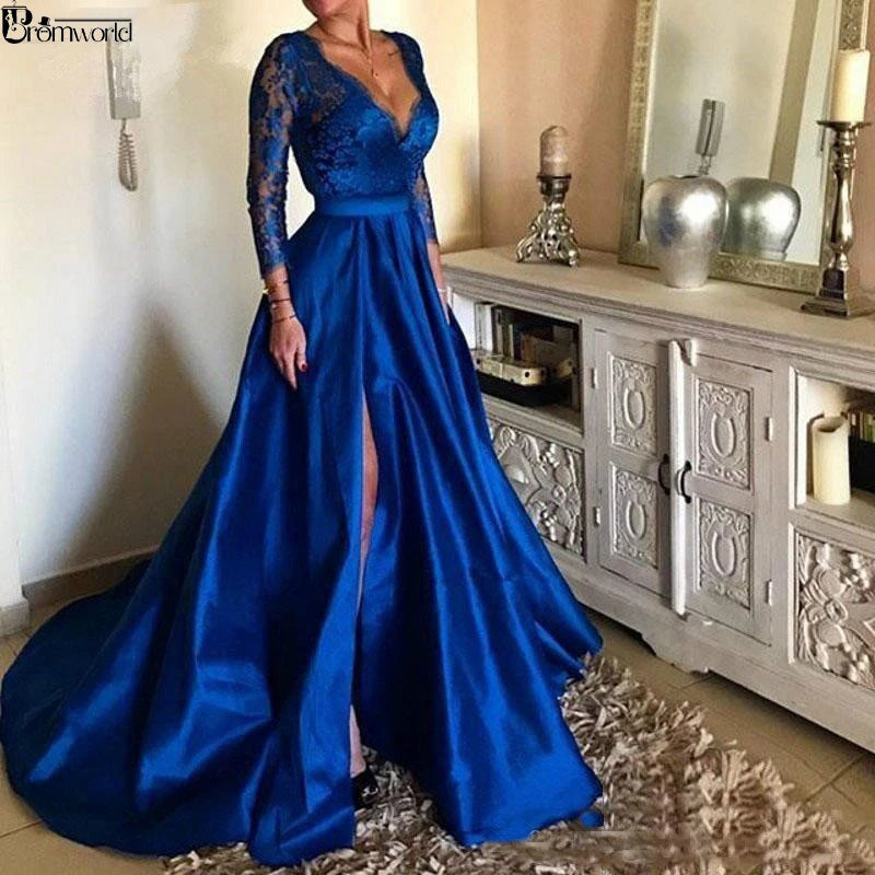 Royal Blue Plus Size Evening Dress - Customizable Formal Gown with Lace and V-Neck