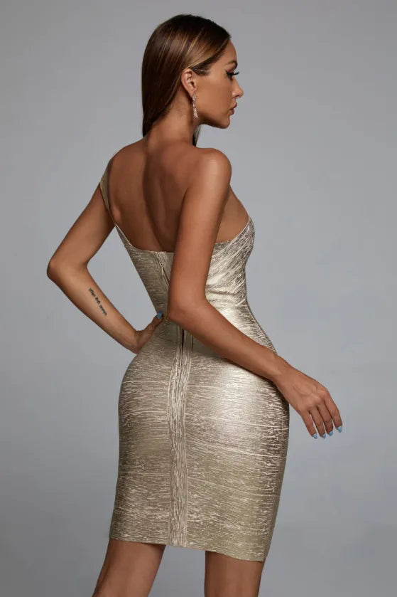 Gold Foil One Shoulder Bandage Dress - High Quality, Elegant Party Vestidos