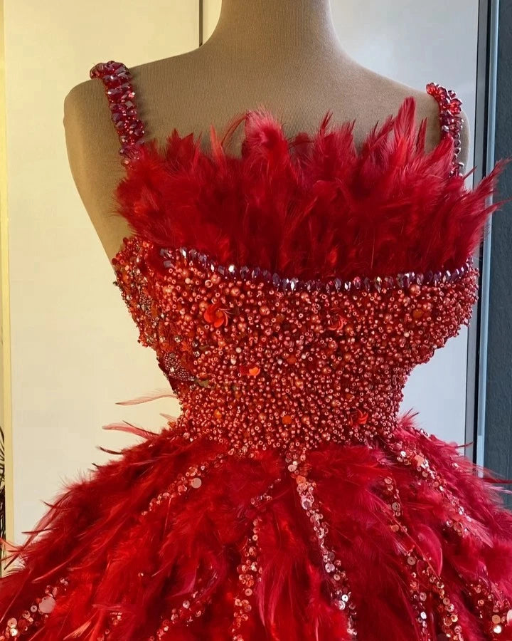 Stunning Red Feather Prom Dress - Mini Ball Gown with Straps, Crystals & Beads