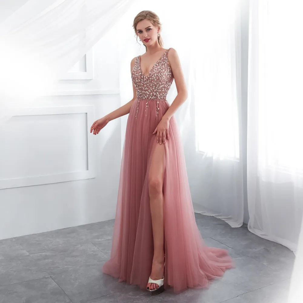 Plus Size Beaded Pink Prom Dress - Tulle, High Split, Sleeveless, A-line, Lace Up, Backless