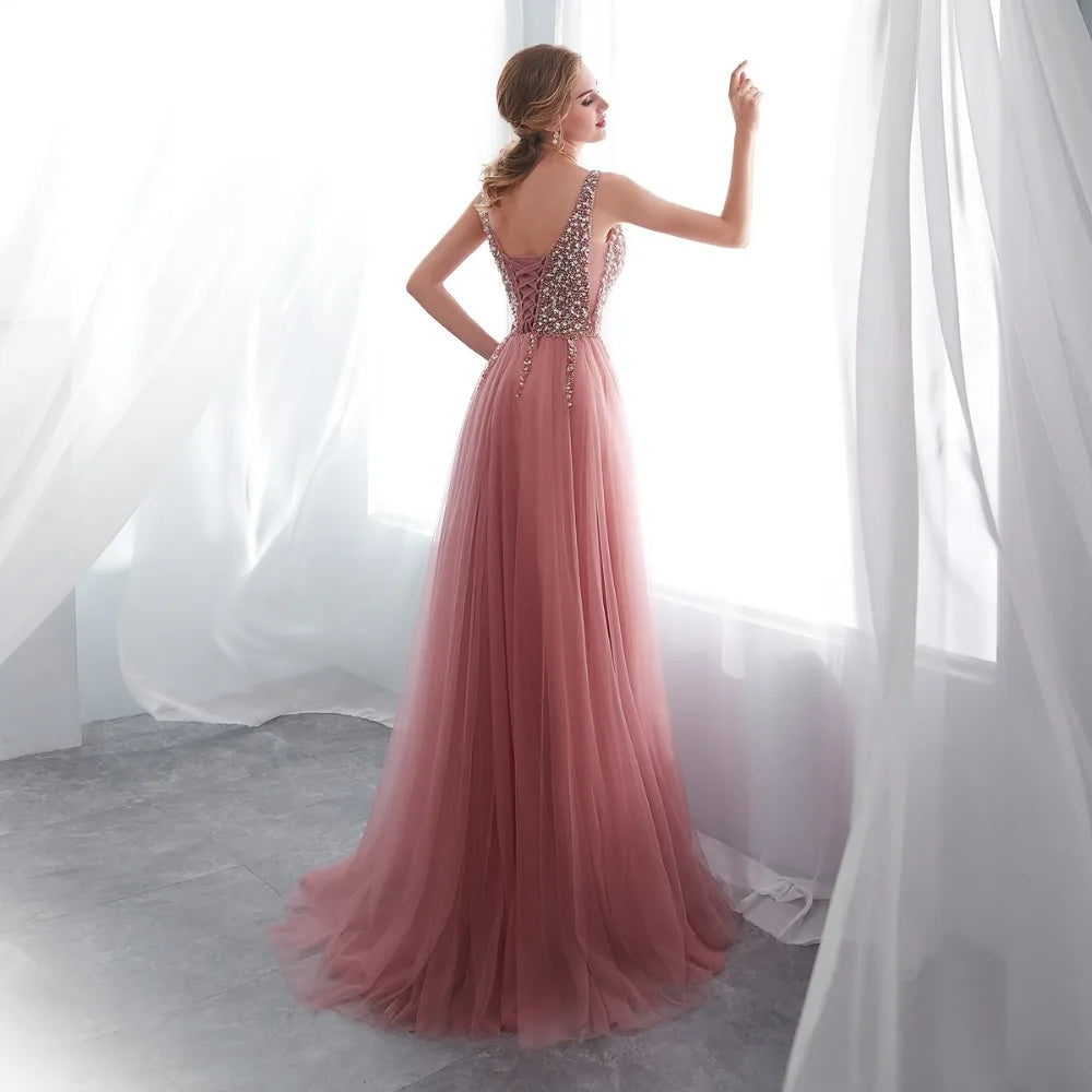 Plus Size Beaded Pink Prom Dress - Tulle, High Split, Sleeveless, A-line, Lace Up, Backless