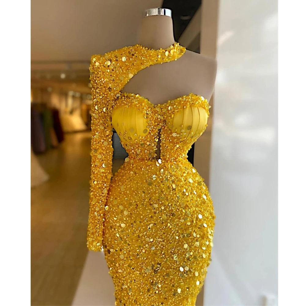 Custom-Made Yellow Mermaid Evening Dress - Sequin Beaded One Shoulder Halter - Backless Prom Gown - Vestidos de Novia