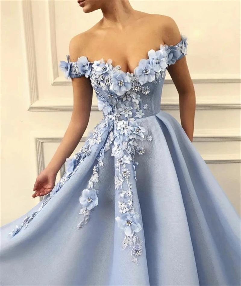 Baby Blue Off Shoulder Prom Dress - 3D Floral Evening Gown - Customizable Plus Size