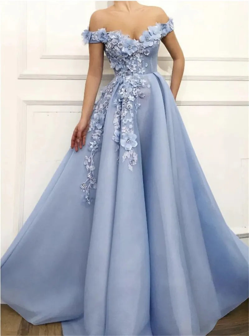 Baby Blue Off Shoulder Prom Dress - 3D Floral Evening Gown - Customizable Plus Size