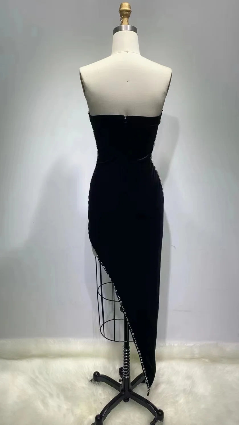 Elegant Black Crystal Bodycon Velvet Dress