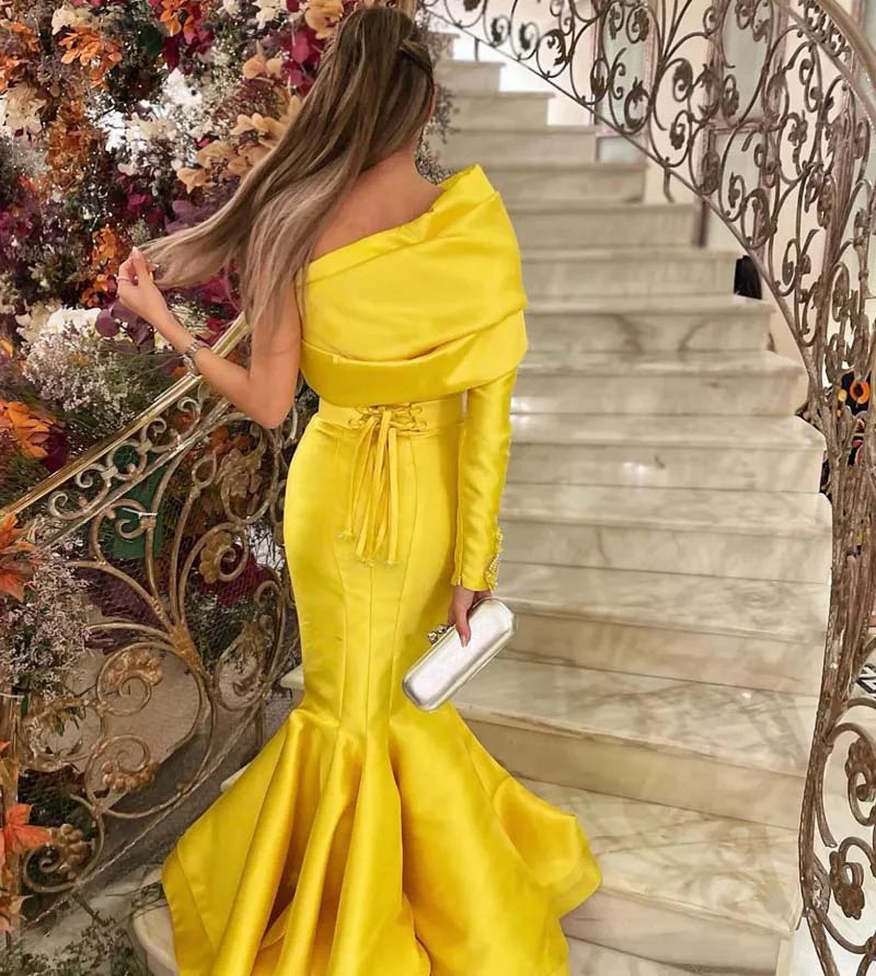 Stunning Sumnus Yellow Evening Gown - One Shoulder, Full Sleeve, Beaded, Floor Length