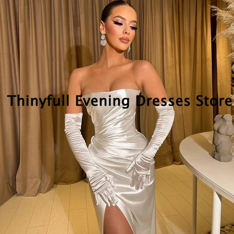 Thinyfull White Mermaid Prom Dresses Strapless Side Slit Evening Dress Without Gloves Saudi Arabia Cocktail Party Gown Plus Size