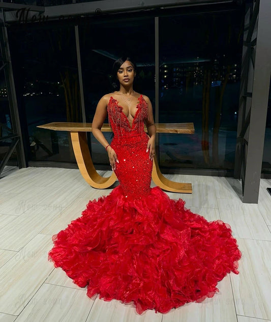 Red Ruffles Mermaid Prom Dress