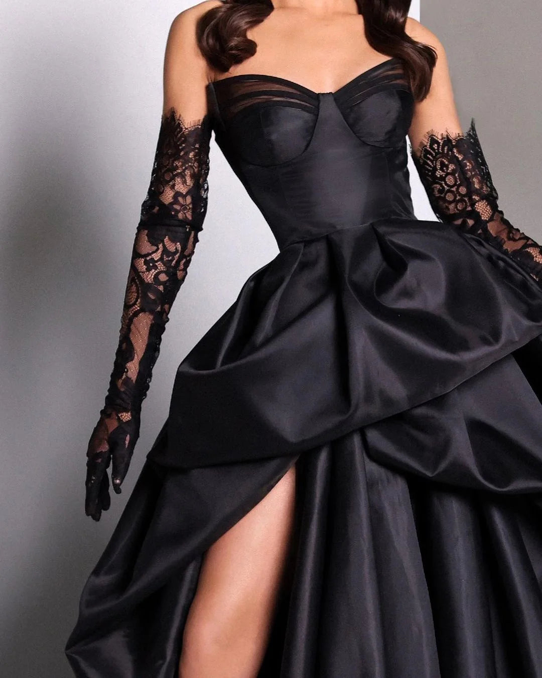 Xijun Black High Side Split Satin Mermaid Prom Dresses V-Neck Sleevele