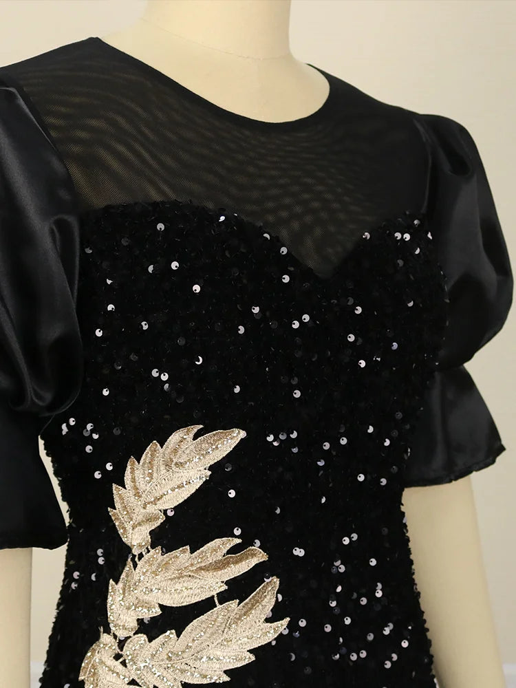 Elegant Sequin Black Dress with Velvet Embroidery and Puff Sleeves for Spring Parties and Special Occasions