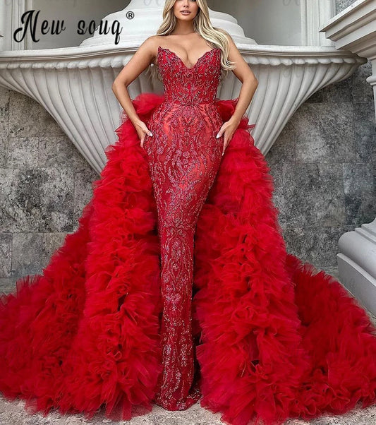 Red Ruffle Tiered Evening Dress with Dubai Beading