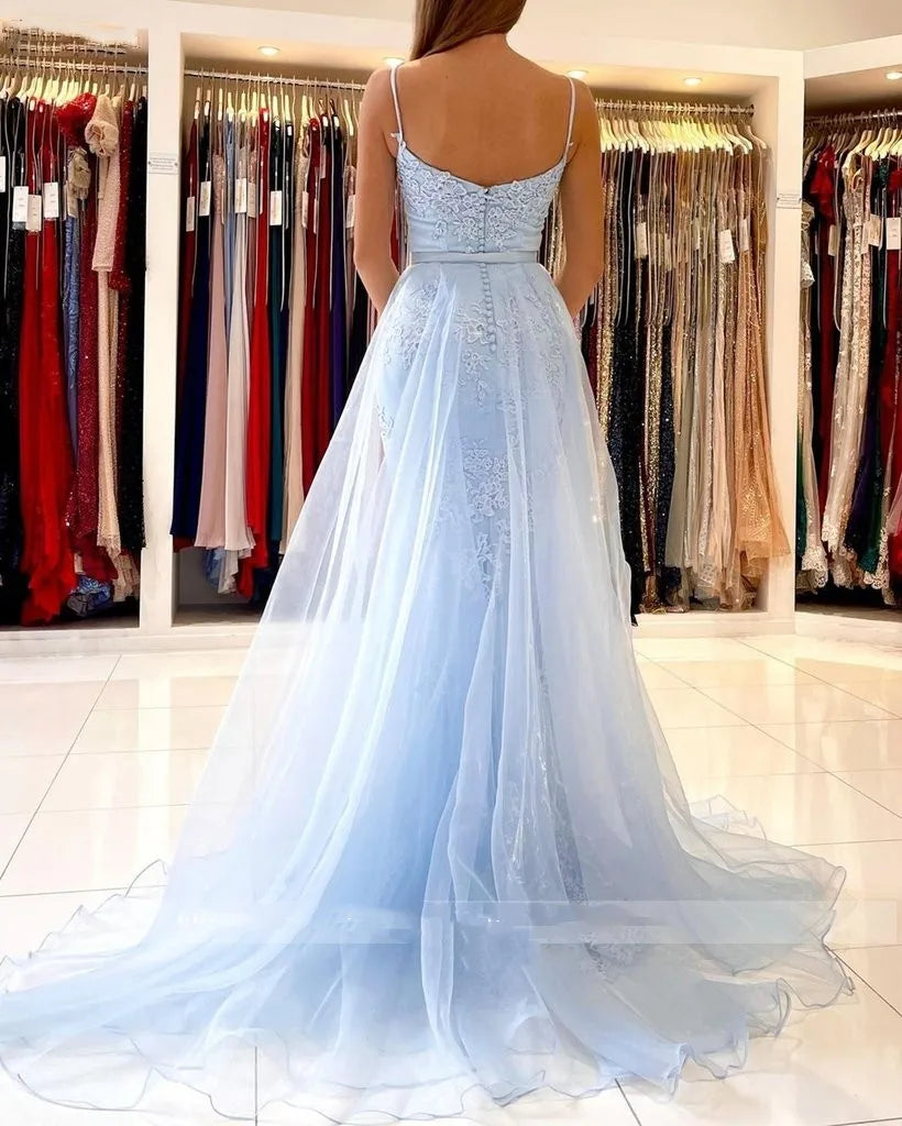 Customizable Light Blue Mermaid Prom Dress with Sweetheart Neckline, Lace Appliques, and Detachable Tulle Train - Fast Shipping!